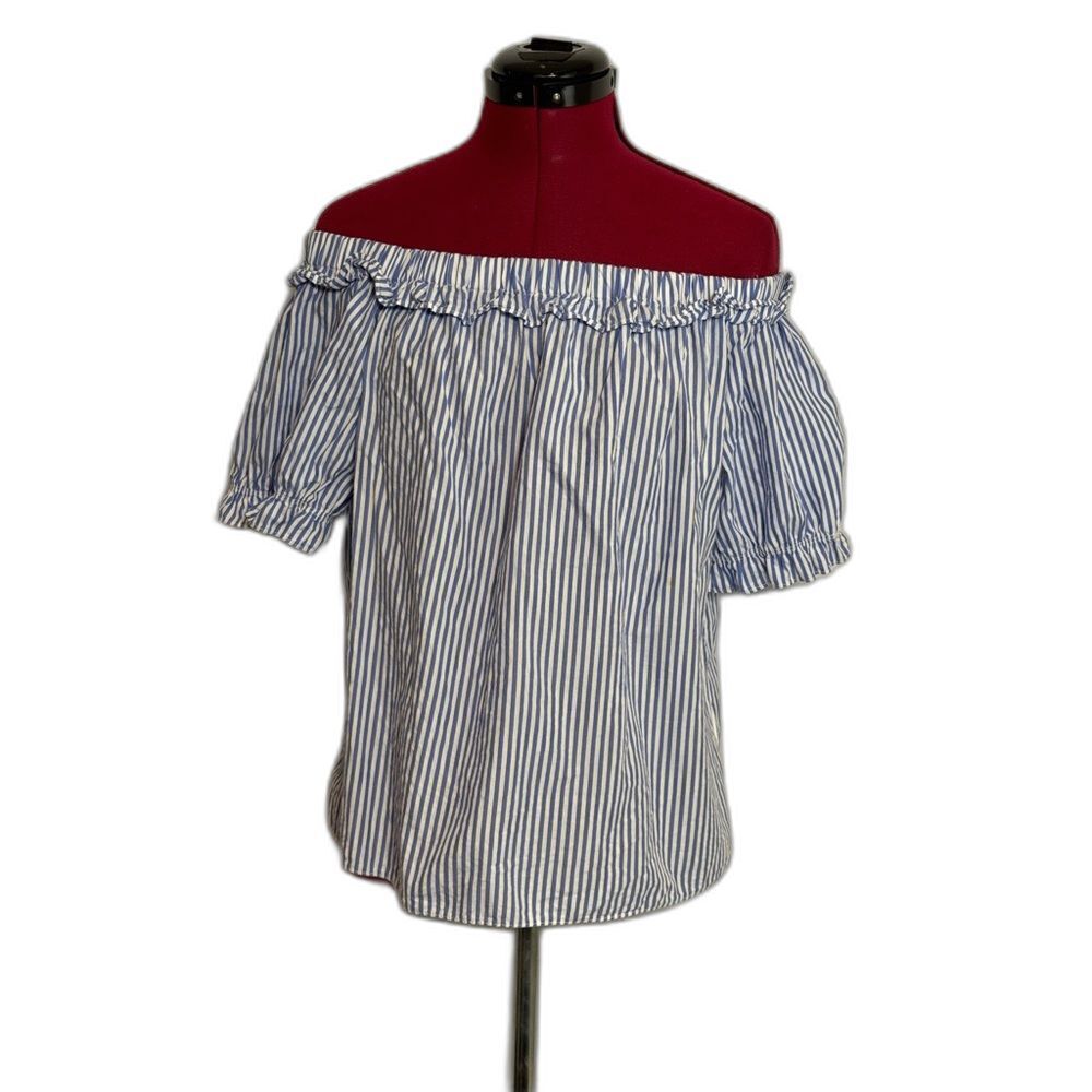 Vineyard Vines Off-The-Shoulder Bardot Blouse Size Medium Blue & White Stripes